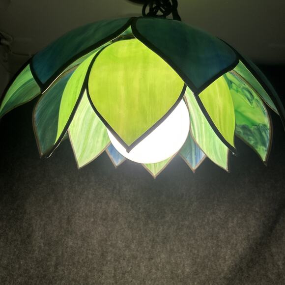 Vintage 1970s Stained Glass Chandelier Two Tier Slag Glass Hanging Lotus Flower - Picture 7 of 16